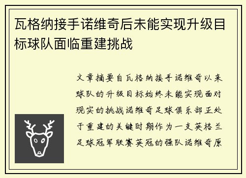 瓦格纳接手诺维奇后未能实现升级目标球队面临重建挑战